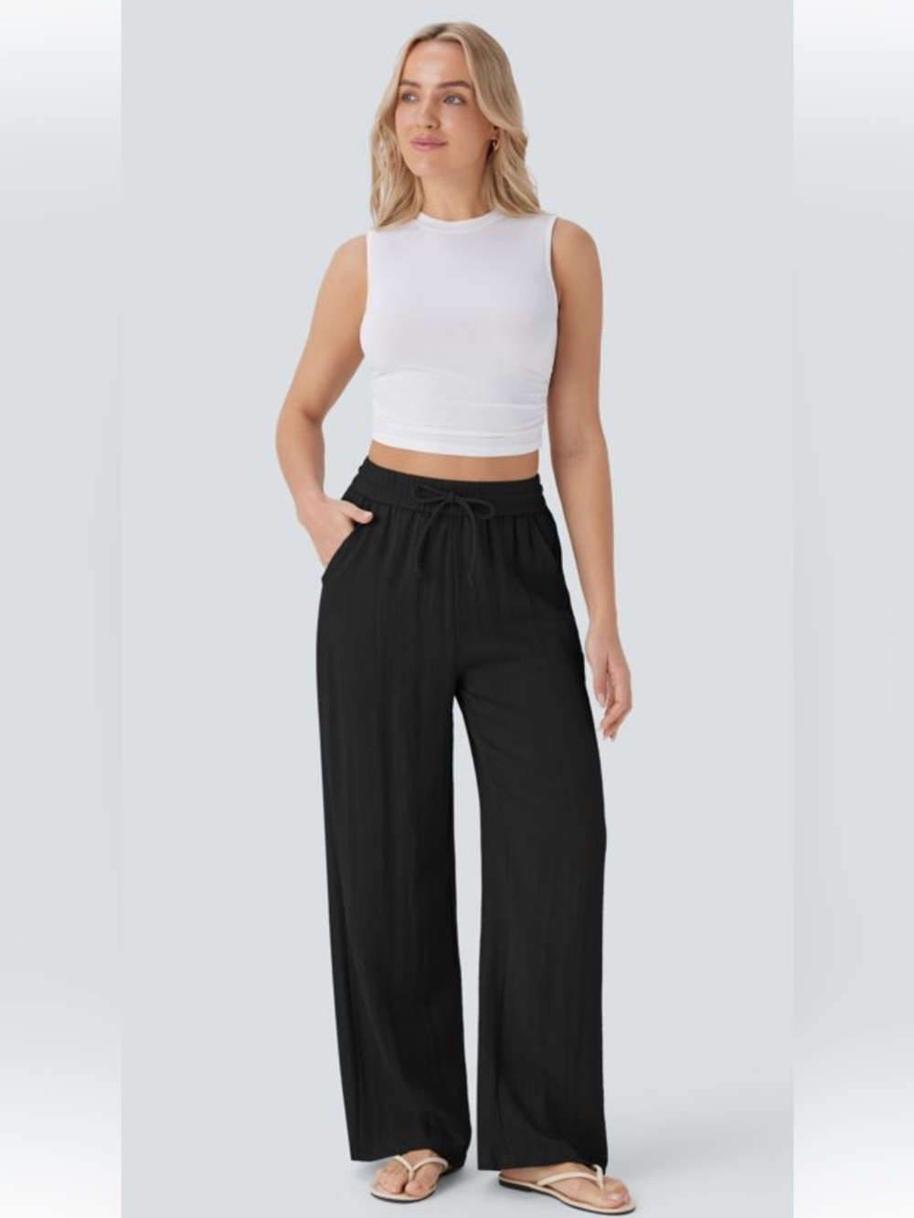 Halara Drawstring Pocket Wide Leg Baggy Casual Linen-Feel Pants black L regular